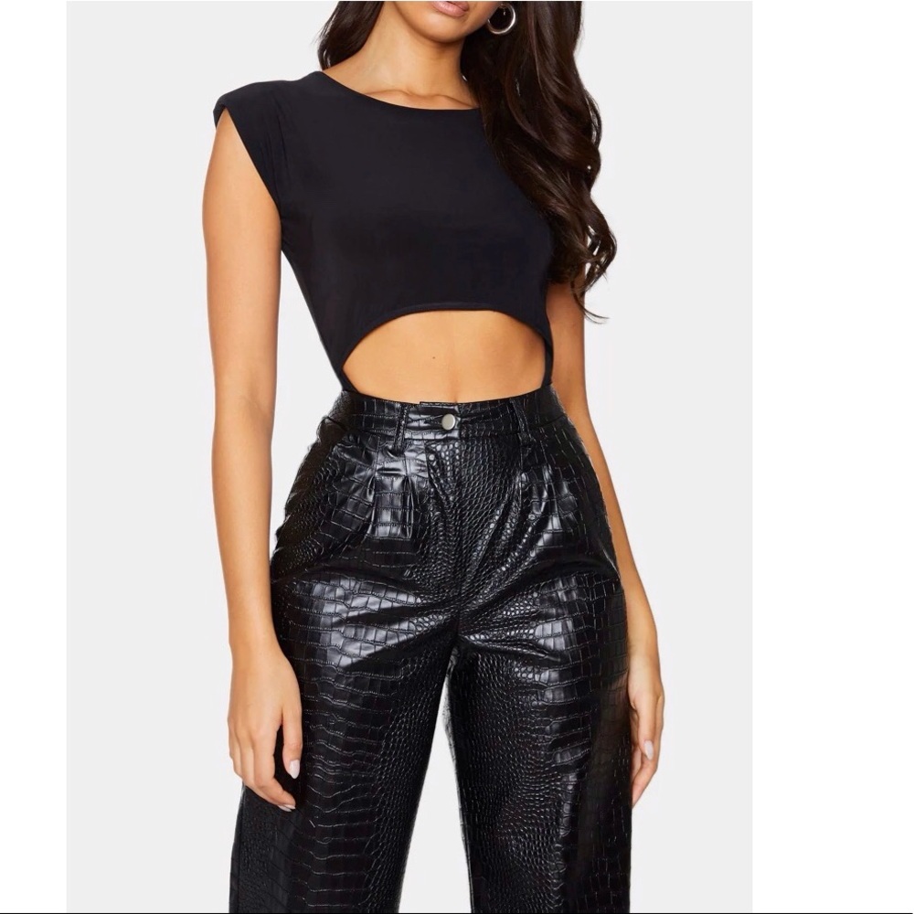 PLT Black Slinky Shoulder Pad Cut Out Bodysuit